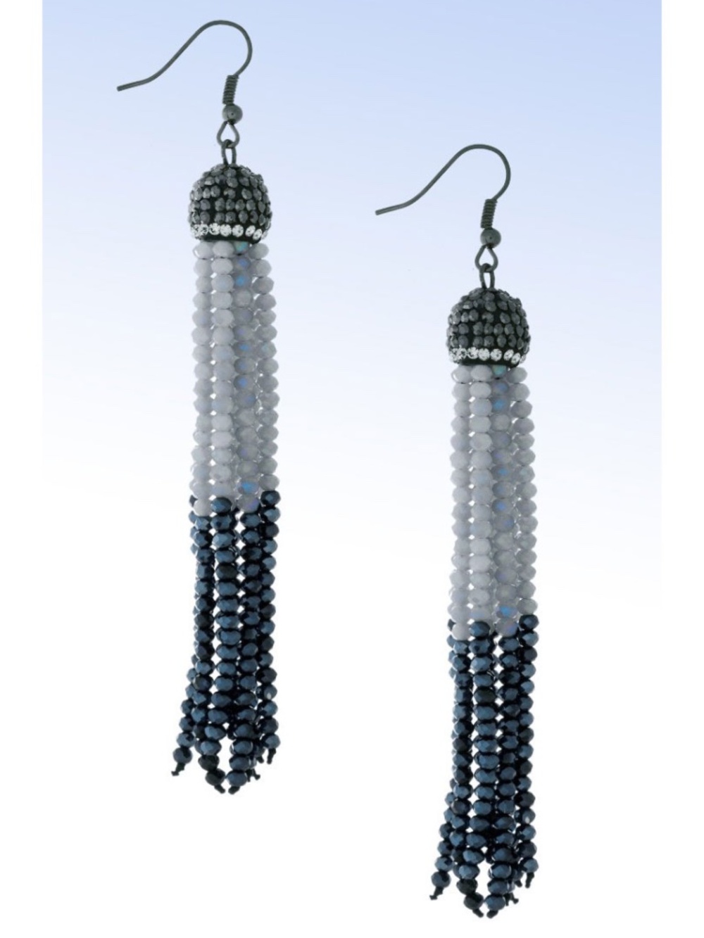 Hematite-tone Color-Block Crystal Beaded TASSEL Drop EARRINGS